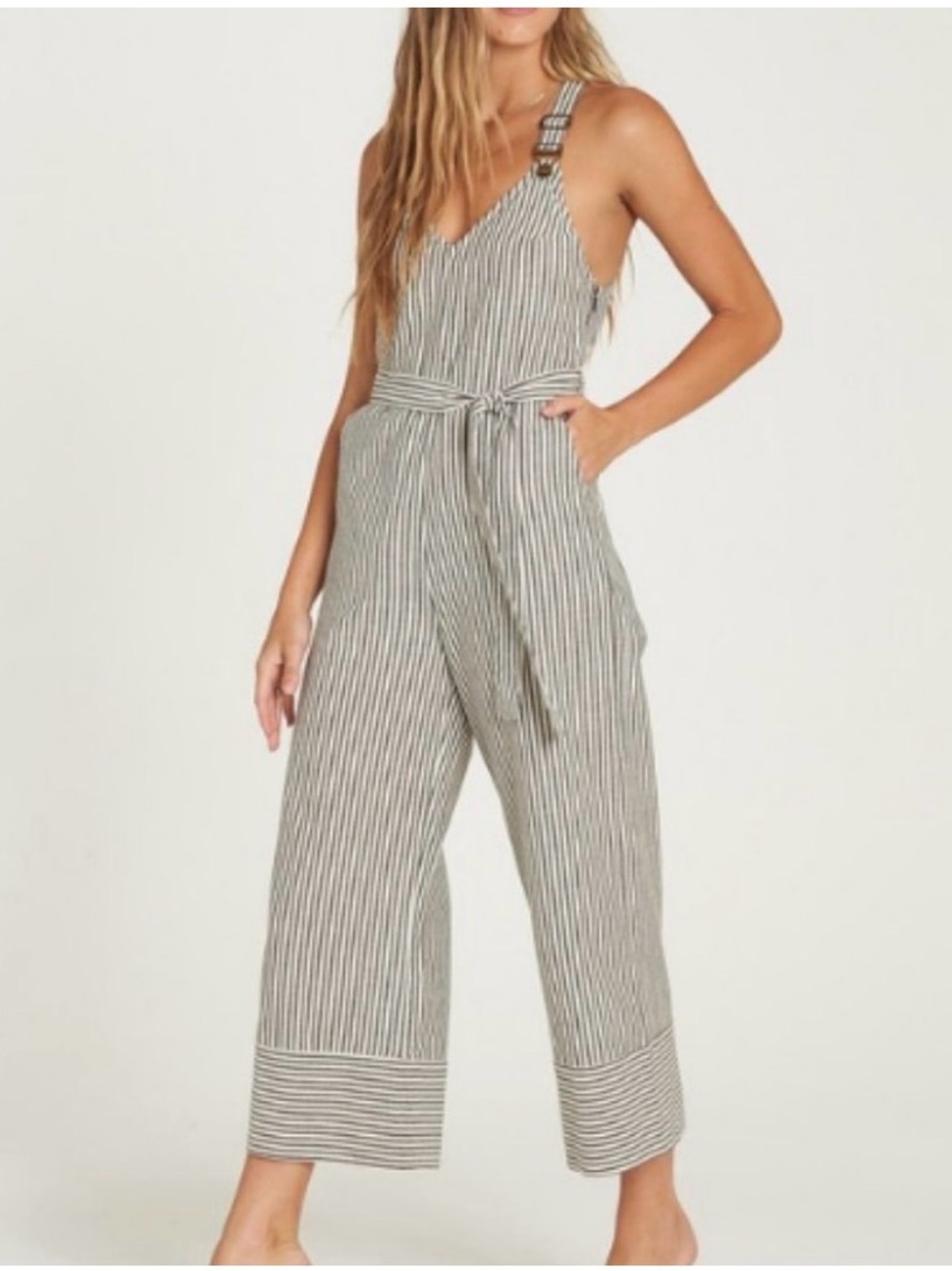 Coastal Striped Wide Leg Jumpsuit Overall Tie Waist Billabong Bella Day M